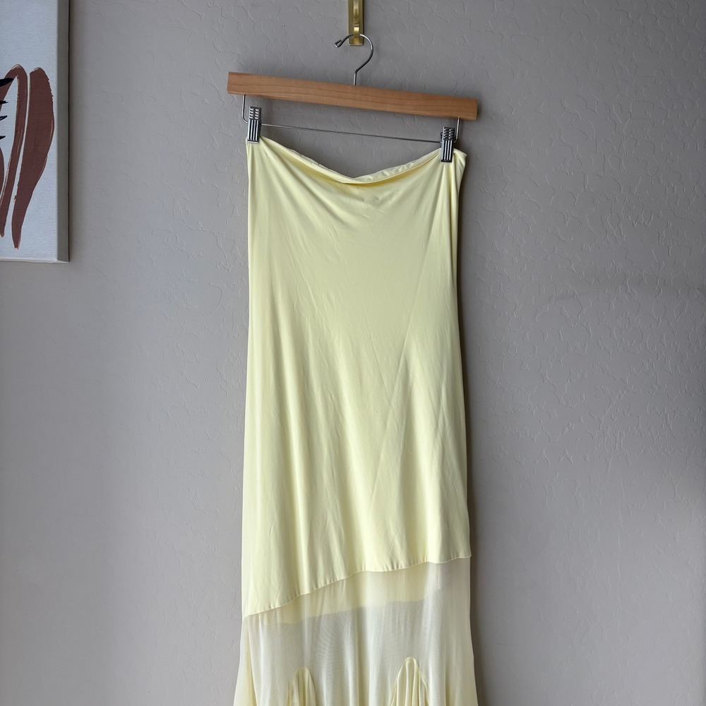 Deme By Gabriella‎ Dahlia Butter Yellow Strapless Mesh Ruffle Maxi Dress Size M - Picture 3 of 10